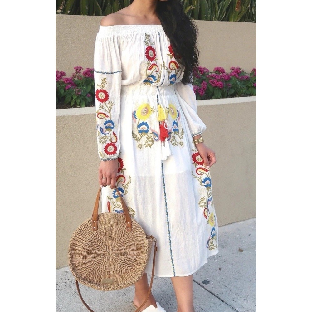 Latiste Open Off shoulder floral embroidered Boho maxi‎ dress SZ S Small Women's